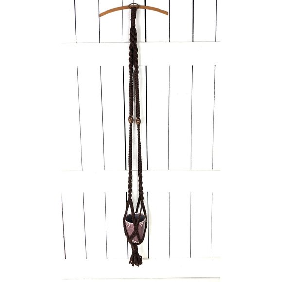 Vintage brown macrame long hanging boho beaded plant hanger - Picture 2 of 5